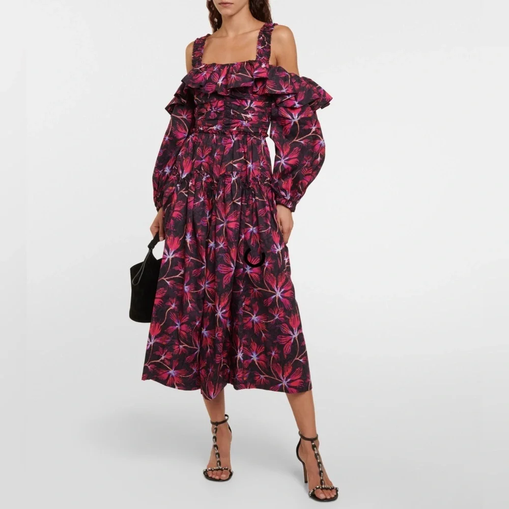 Ulla Johnson | NWT Caprice Floral Cotton Off-Shoulder Zinnia Midi Dress- Size 0 - Picture 3 of 15